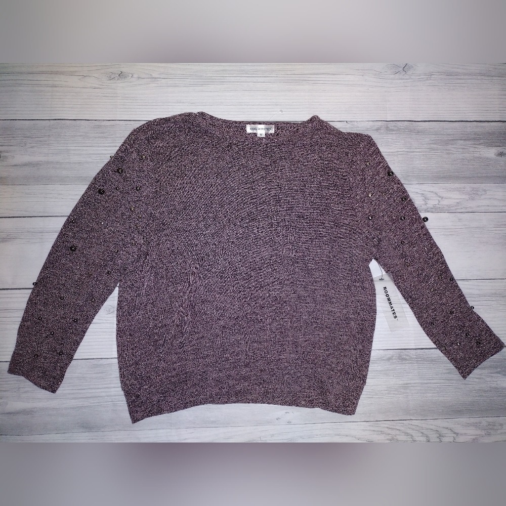 Roommates Womens Medium Purple Studded Long Sleeve Knit Pullover Sweater Top‎